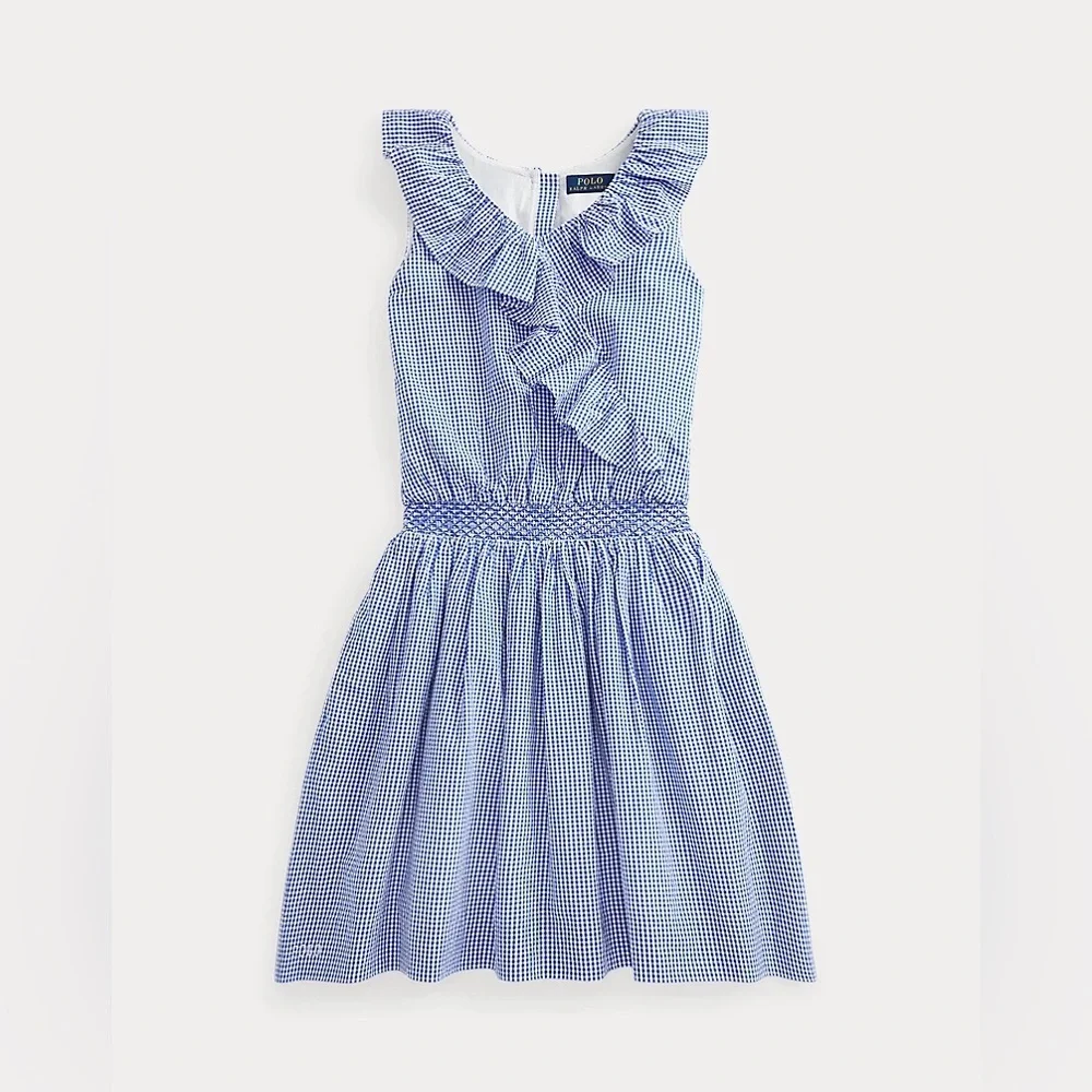 Polo by Ralph Lauren Blue Gingham Ruffle-Front Smocked Waist Dress